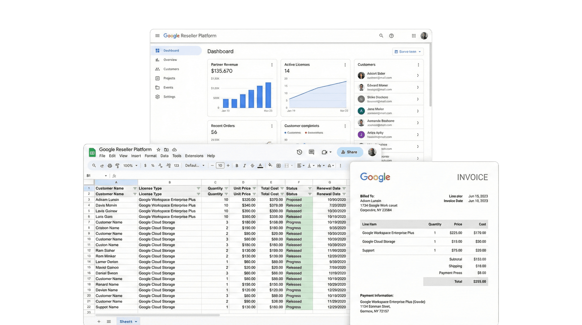 Reseller dashboard, spreadsheet, and invoice overview
